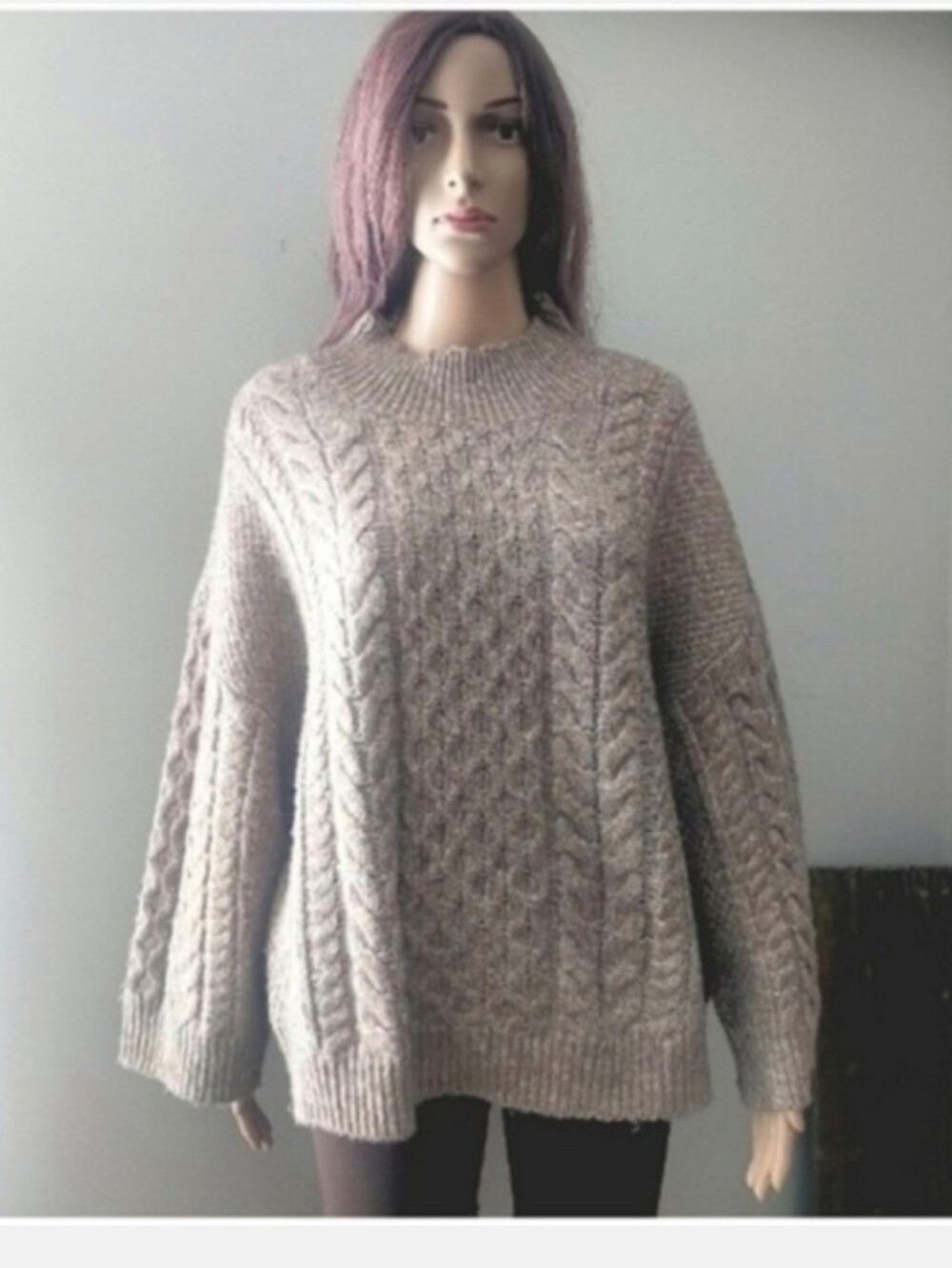 Calvin Klein Chunky Cable Knit Crewneck Sweater Taupe Tan High Neck